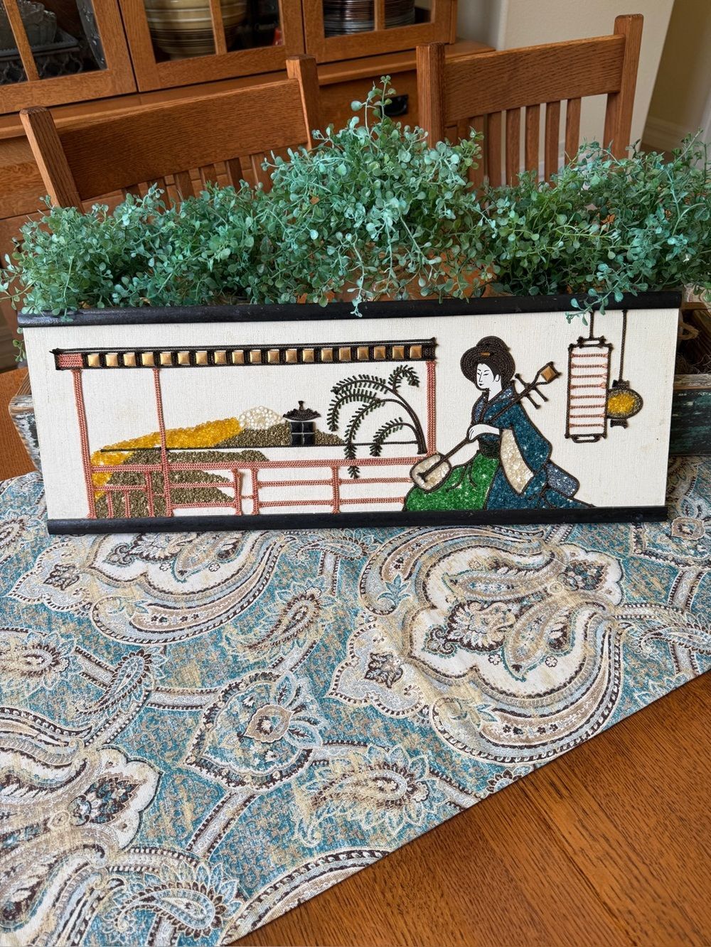 Japanese Pebble Art Wall Hanging Woman Scene 24x9 Vintage MCM